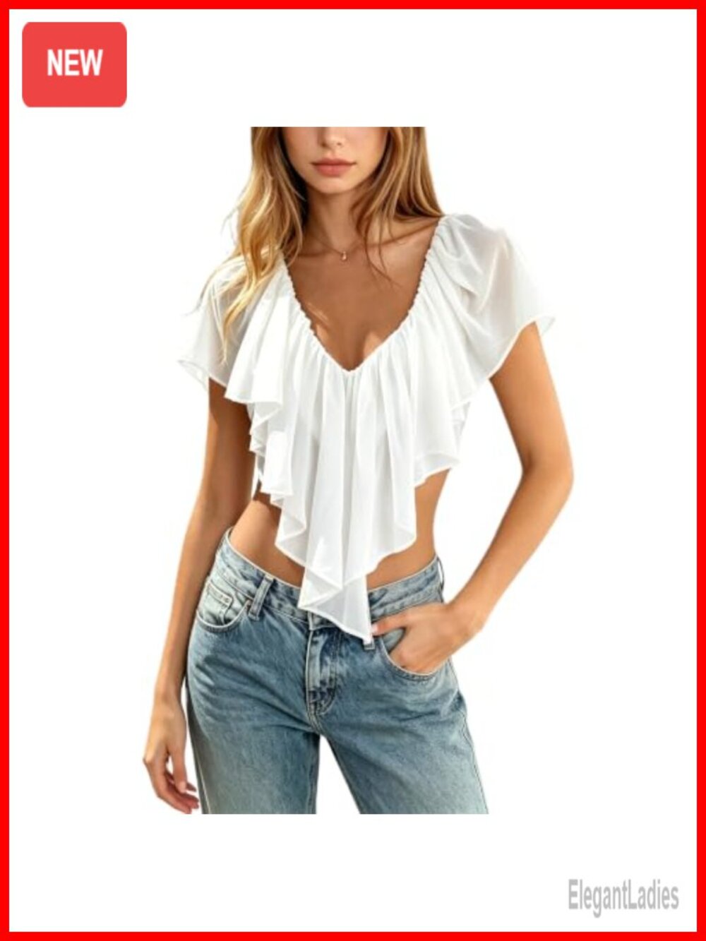 Women Sheer Mesh Ruffle Crop Top Deep V Neck Boho Blouse
